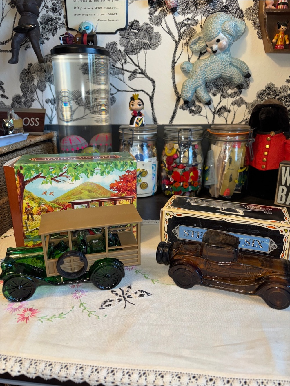 NIB VINTAGE AVON station wagon and Sterling six after shaved decanters set of tw
